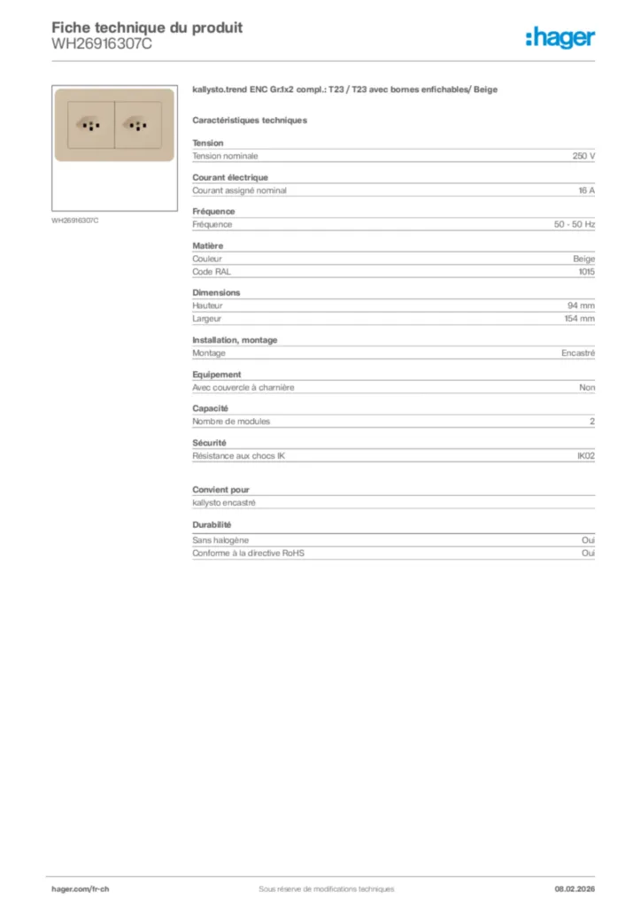 Image Hager Fiche technique du produit WH26916307C | Hager Suisse