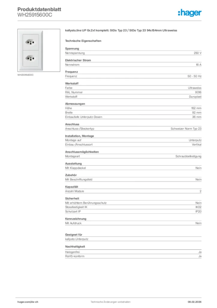 Bild Hager Produktdatenblatt WH25915600C | Hager Schweiz