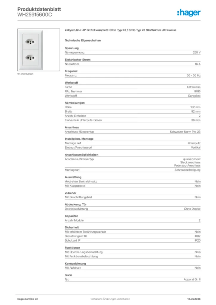 Bild Hager Produktdatenblatt WH25915600C | Hager Schweiz