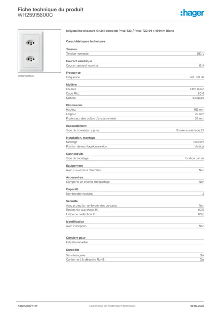 Image Hager Fiche technique du produit WH25915600C | Hager Suisse