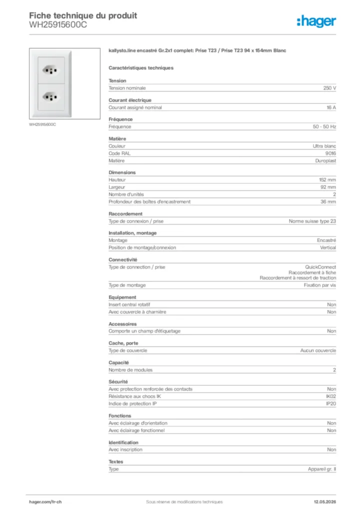 Image Hager Fiche technique du produit WH25915600C | Hager Suisse