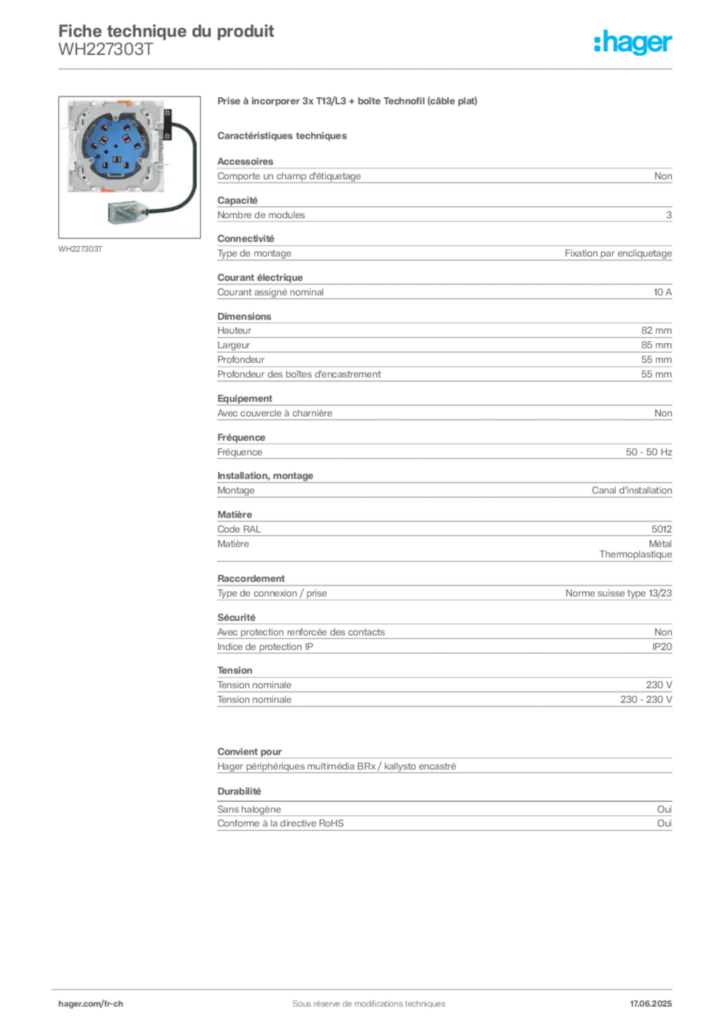 Image Hager Fiche technique du produit WH227303T | Hager Suisse