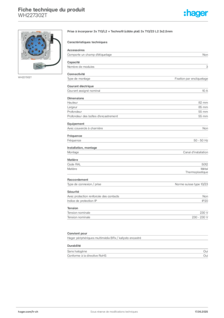 Image Hager Fiche technique du produit WH227302T | Hager Suisse