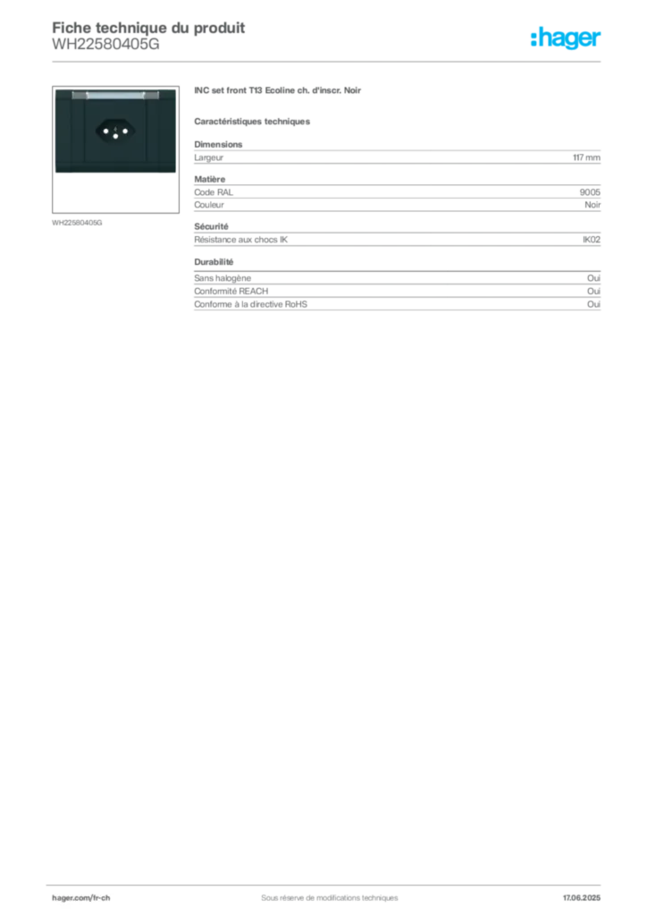 Image Hager Fiche technique du produit WH22580405G | Hager Suisse
