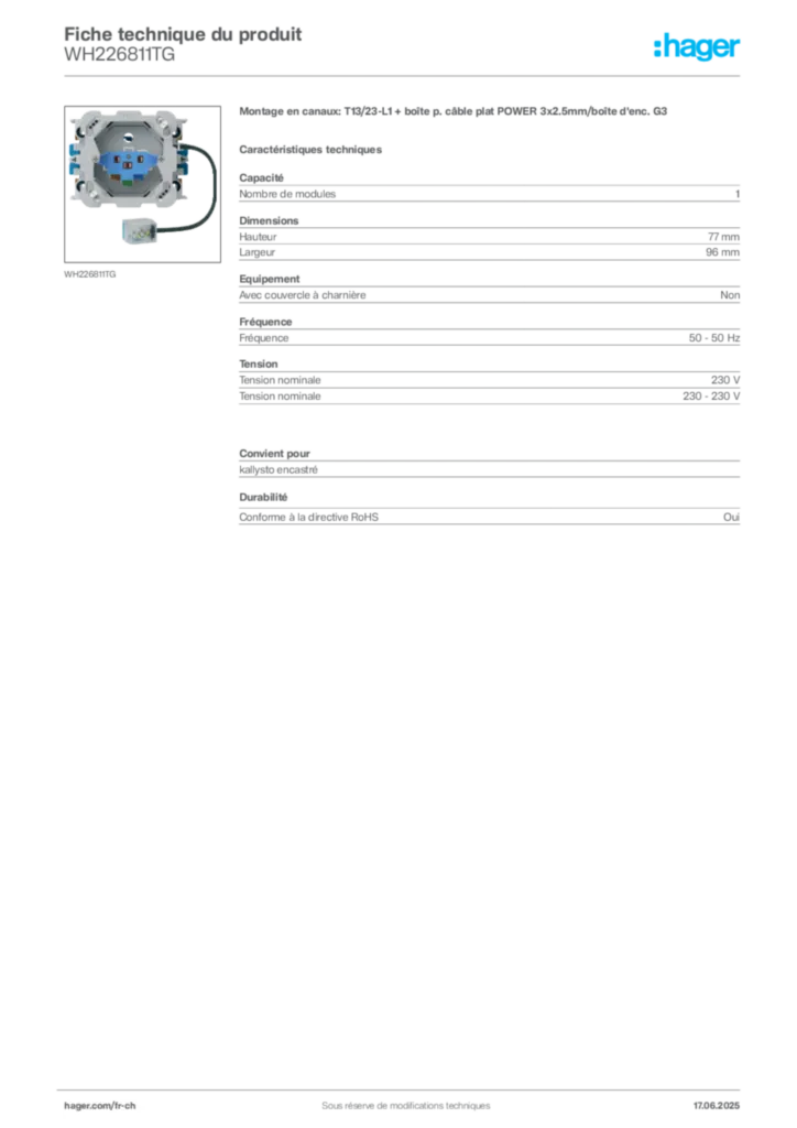 Image Hager Fiche technique du produit WH226811TG | Hager Suisse