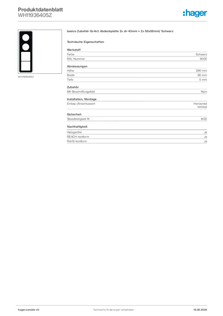 Bild Hager Produktdatenblatt WH11936405Z | Hager Schweiz