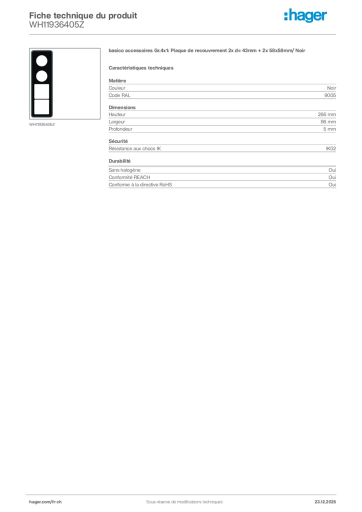 Image Hager Fiche technique du produit WH11936405Z | Hager Suisse