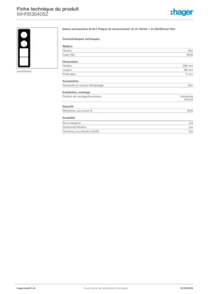 Image Hager Fiche technique du produit WH11936405Z | Hager Suisse