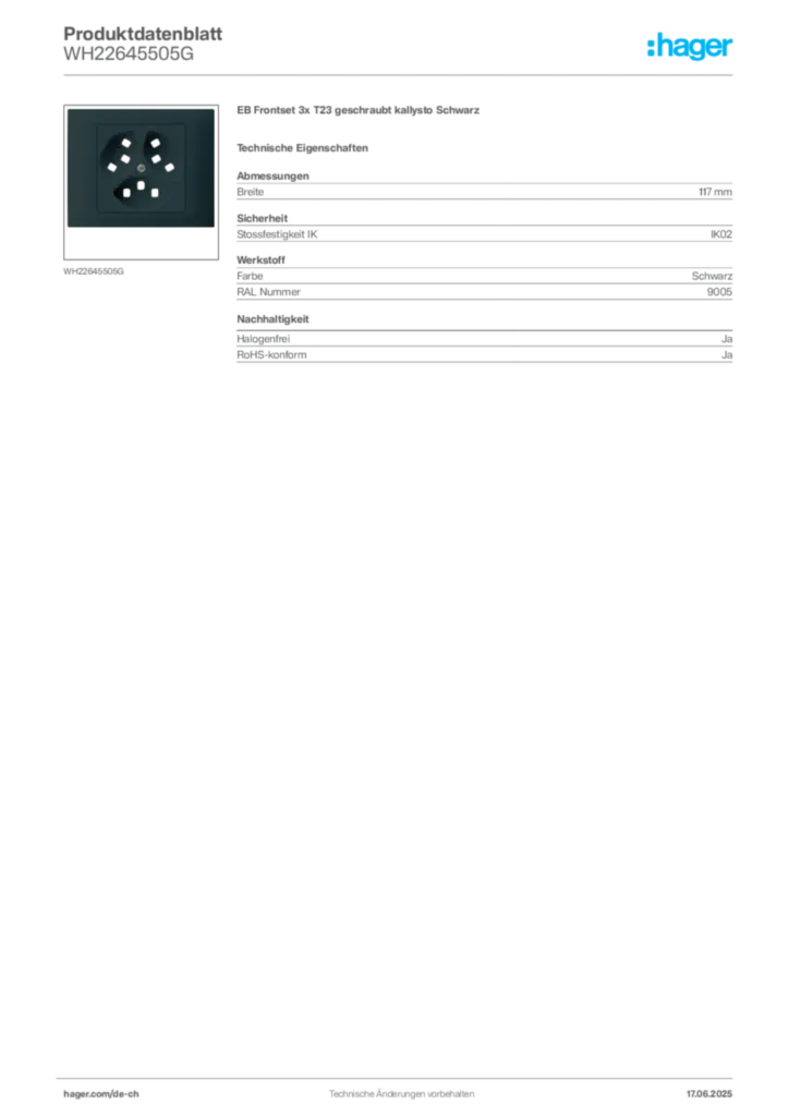 Bild Hager Produktdatenblatt WH22645505G | Hager Schweiz