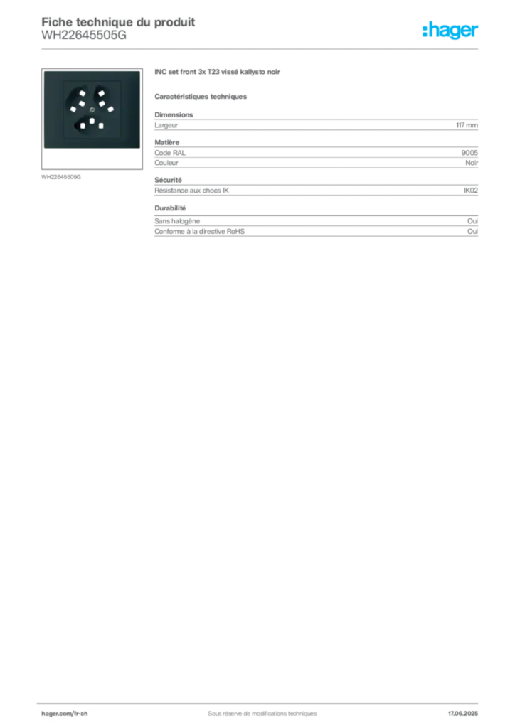 Image Hager Fiche technique du produit WH22645505G | Hager Suisse