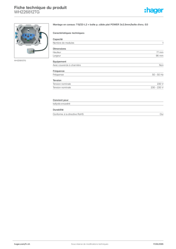 Image Hager Fiche technique du produit WH226812TG | Hager Suisse
