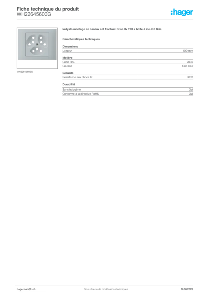Image Hager Fiche technique du produit WH22645603G | Hager Suisse
