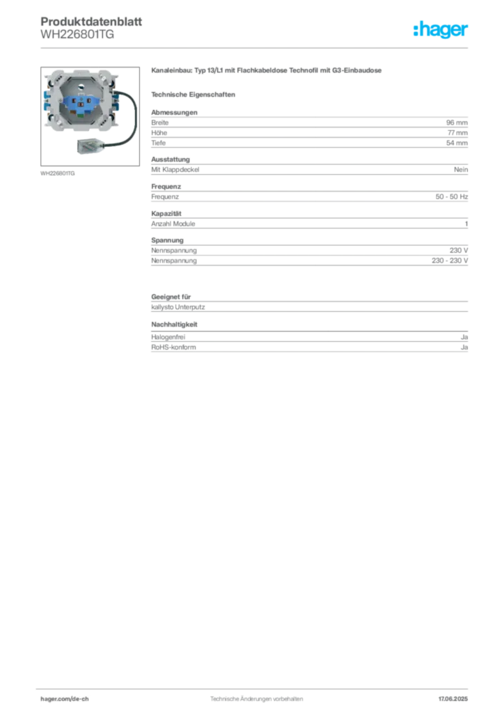 Bild Hager Produktdatenblatt WH226801TG | Hager Schweiz