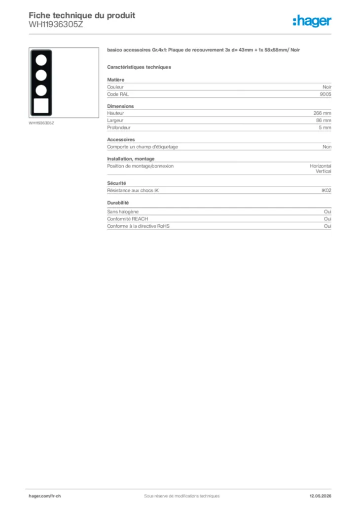 Image Hager Fiche technique du produit WH11936305Z | Hager Suisse