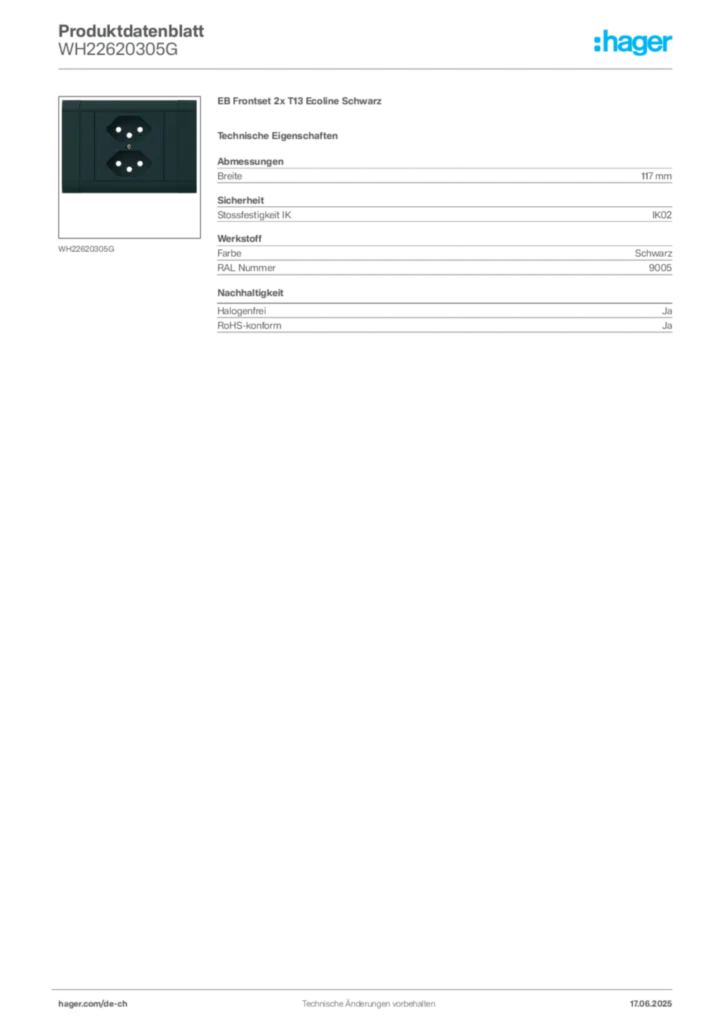Bild Hager Produktdatenblatt WH22620305G | Hager Schweiz