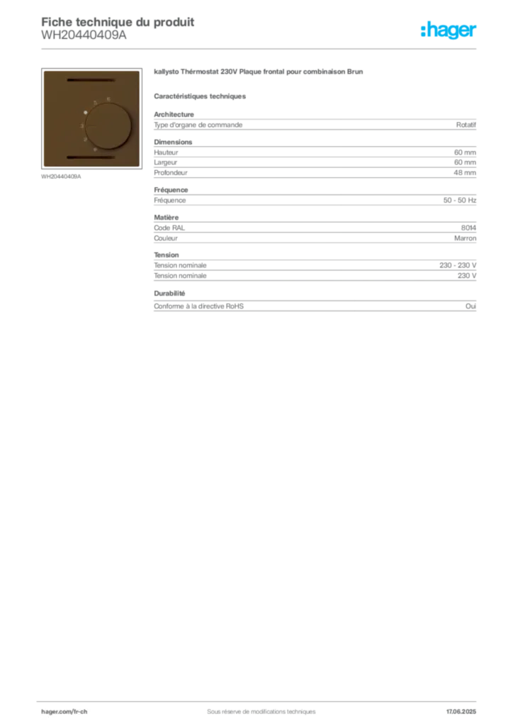 Image Hager Fiche technique du produit WH20440409A | Hager Suisse