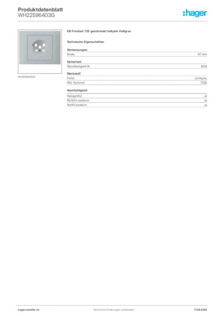 Bild Hager Produktdatenblatt WH22596403G | Hager Schweiz