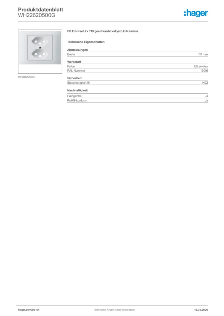 Bild Hager Produktdatenblatt WH22620500G | Hager Schweiz