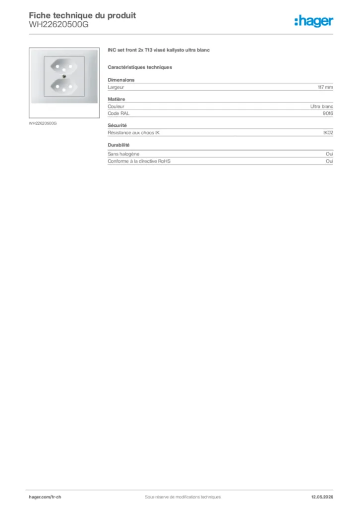 Image Hager Fiche technique du produit WH22620500G | Hager Suisse