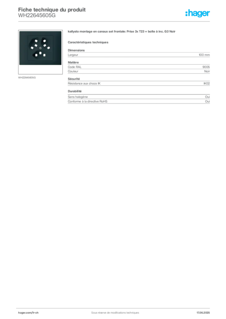 Image Hager Fiche technique du produit WH22645605G | Hager Suisse
