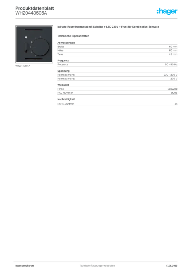 Bild Hager Produktdatenblatt WH20440505A | Hager Schweiz