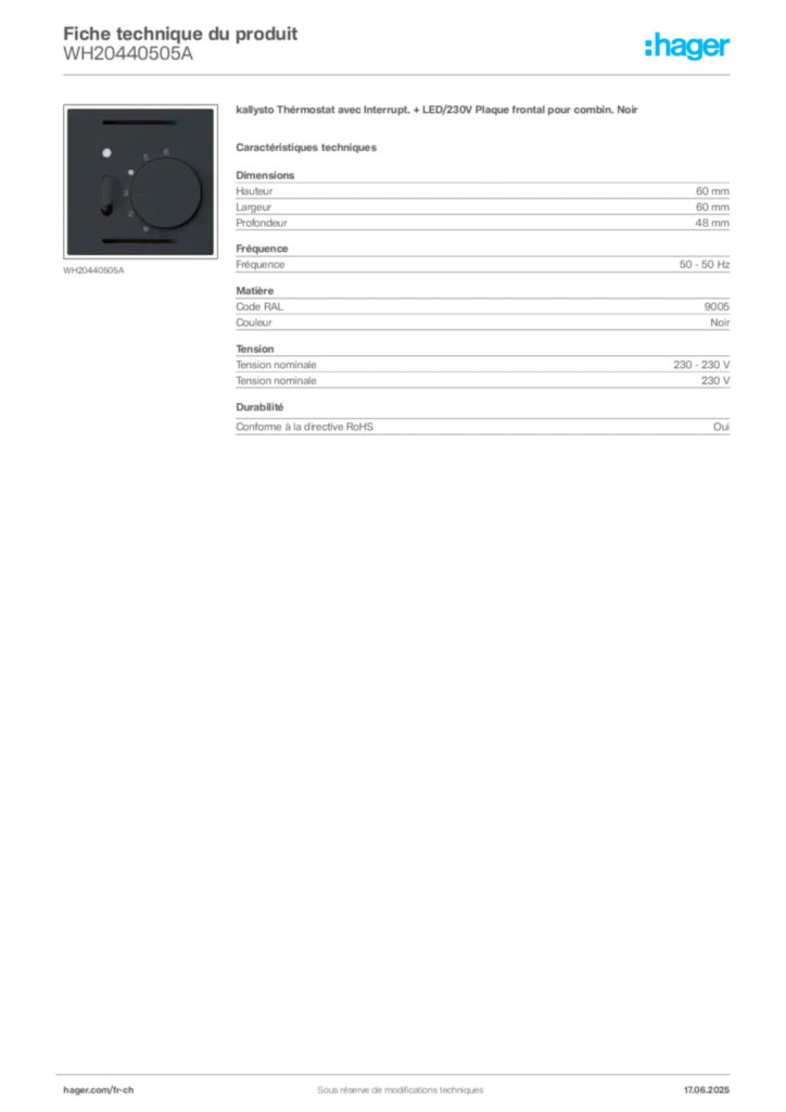 Image Hager Fiche technique du produit WH20440505A | Hager Suisse
