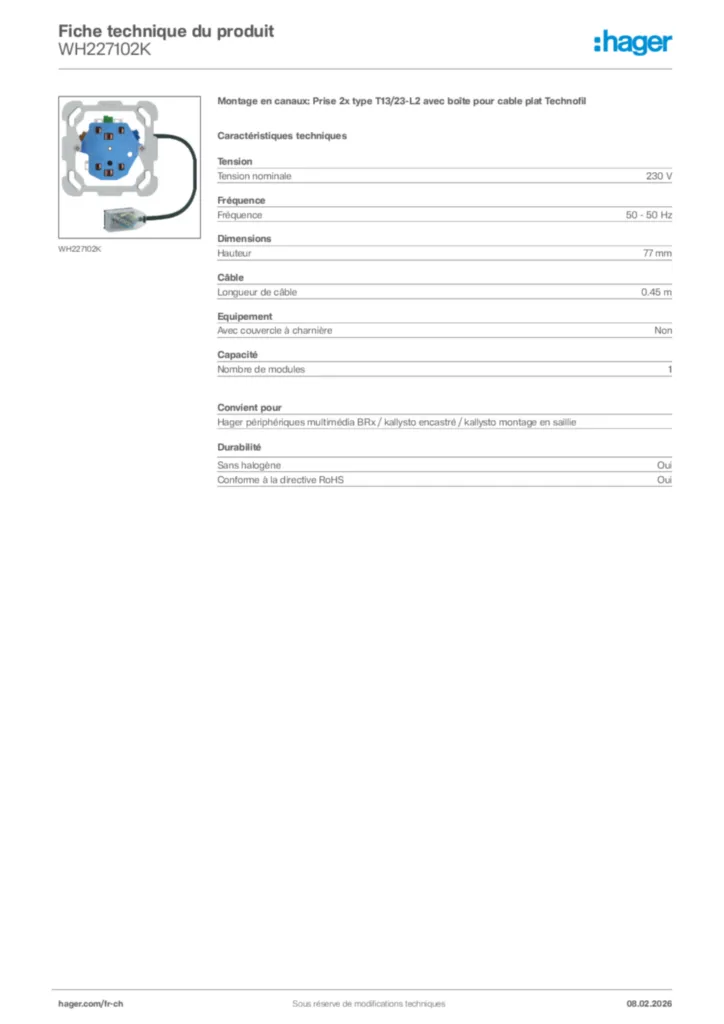 Image Hager Fiche technique du produit WH227102K | Hager Suisse
