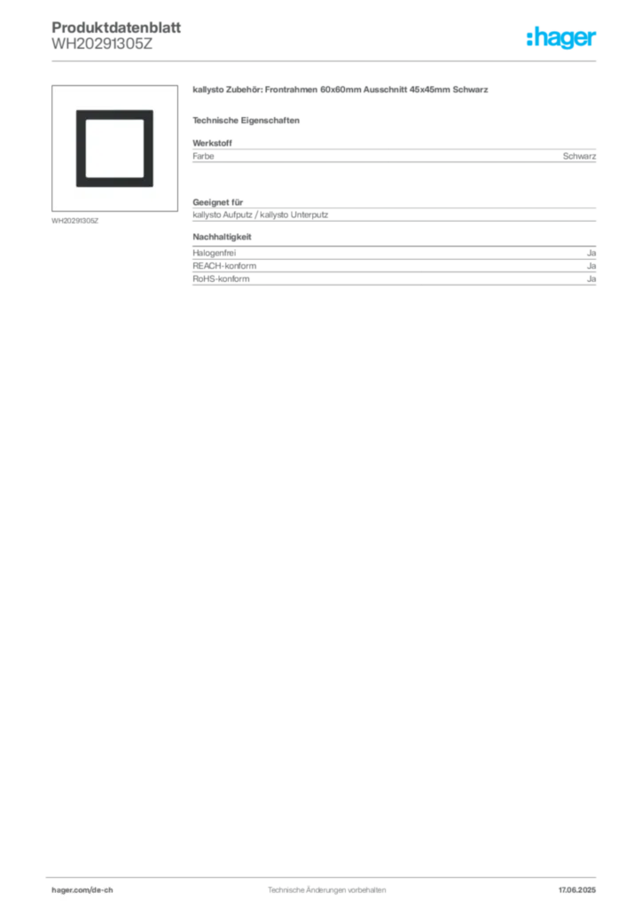 Bild Hager Produktdatenblatt WH20291305Z | Hager Schweiz
