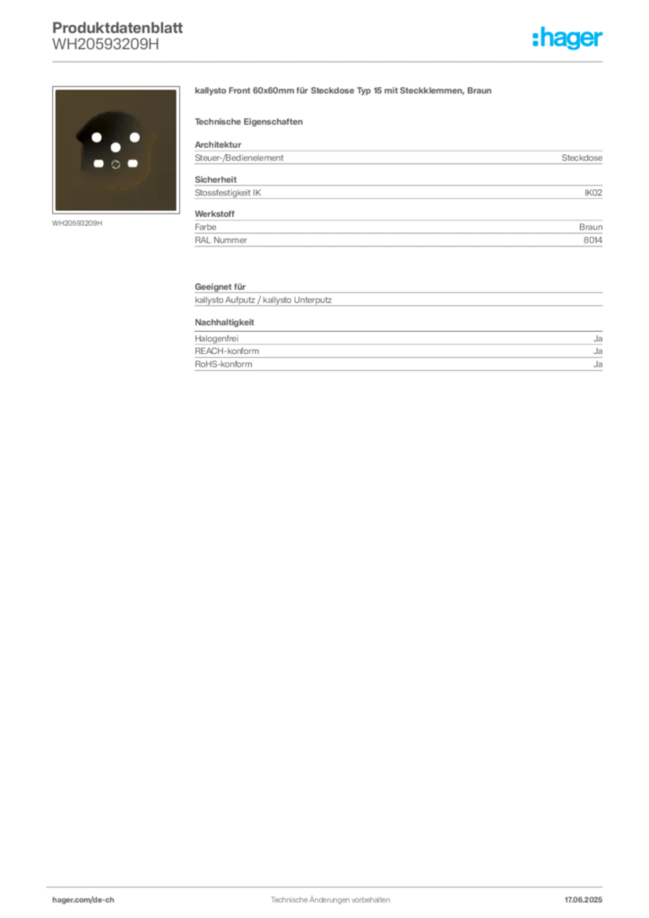 Bild Hager Produktdatenblatt WH20593209H | Hager Schweiz