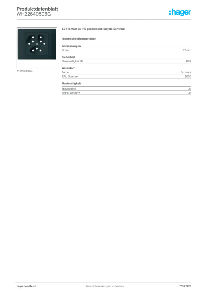 Bild Hager Produktdatenblatt WH22640505G | Hager Schweiz