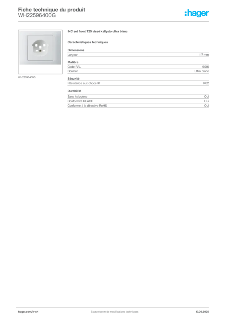 Image Hager Fiche technique du produit WH22596400G | Hager Suisse