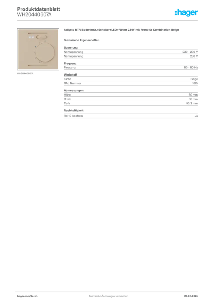 Bild Hager Produktdatenblatt WH20440607A | Hager Schweiz