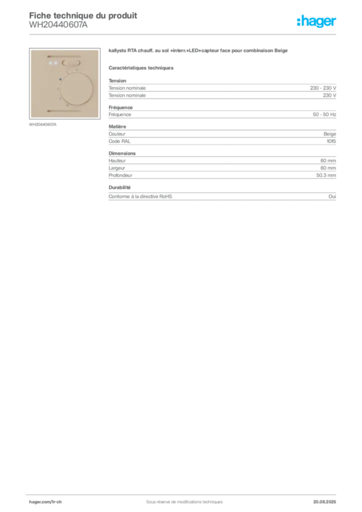 Image Hager Fiche technique du produit WH20440607A | Hager Suisse