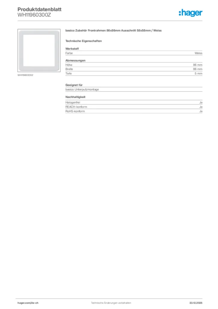Bild Hager Produktdatenblatt WH11960300Z | Hager Schweiz