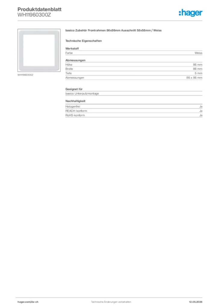 Bild Hager Produktdatenblatt WH11960300Z | Hager Schweiz