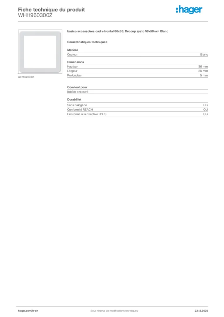 Image Hager Fiche technique du produit WH11960300Z | Hager Suisse