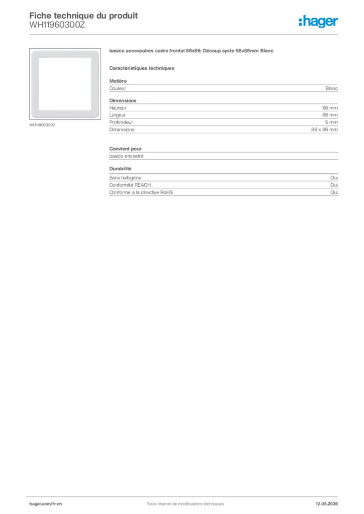 Image Hager Fiche technique du produit WH11960300Z | Hager Suisse