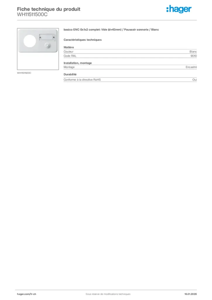 Image Hager Fiche technique du produit WH11511500C | Hager Suisse