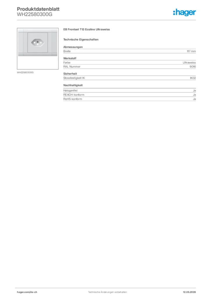 Bild Hager Produktdatenblatt WH22580300G | Hager Schweiz