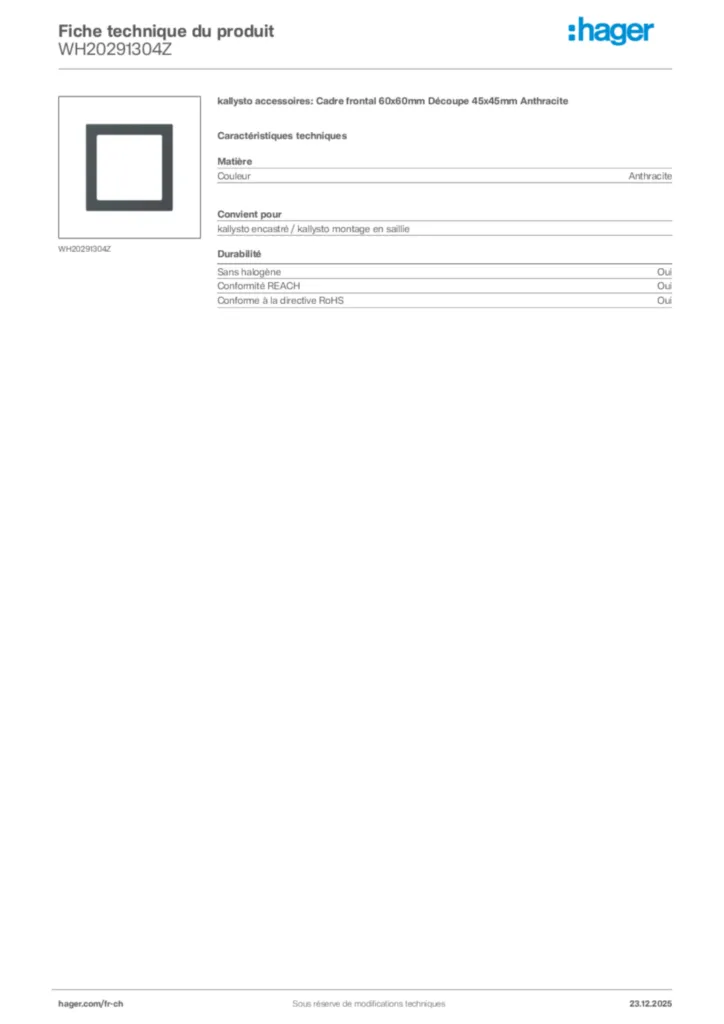 Image Hager Fiche technique du produit WH20291304Z | Hager Suisse