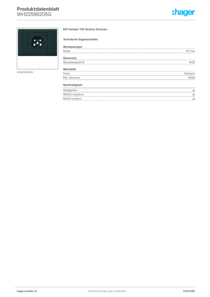Bild Hager Produktdatenblatt WH22596205G | Hager Schweiz