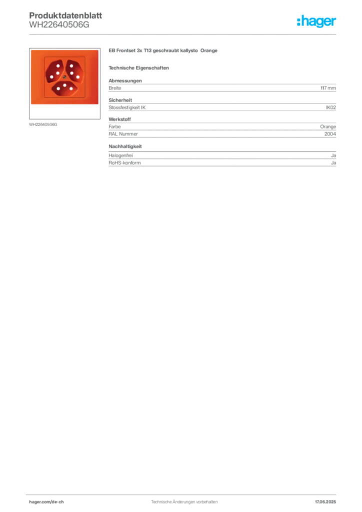 Bild Hager Produktdatenblatt WH22640506G | Hager Schweiz