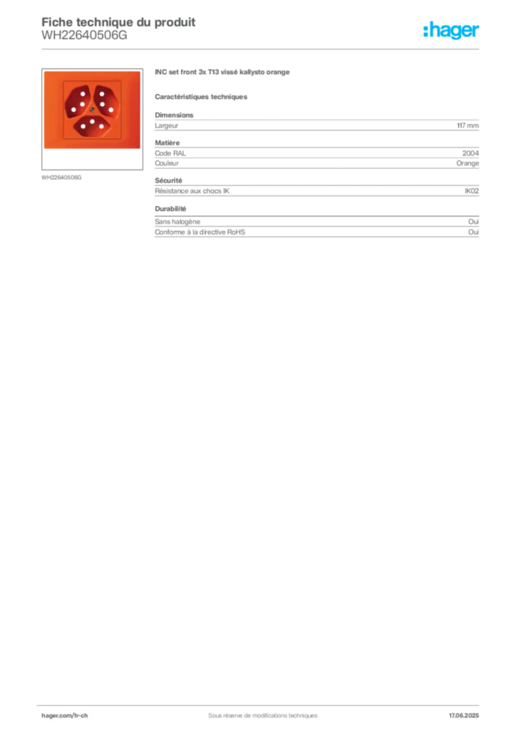 Image Hager Fiche technique du produit WH22640506G | Hager Suisse