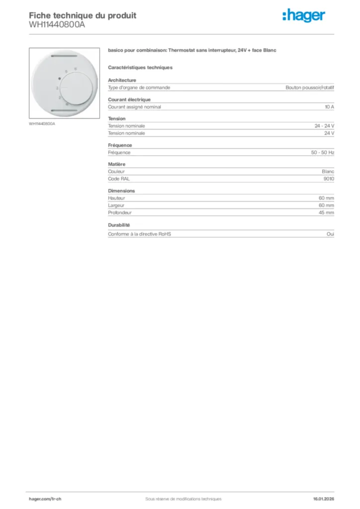Image Hager Fiche technique du produit WH11440800A | Hager Suisse