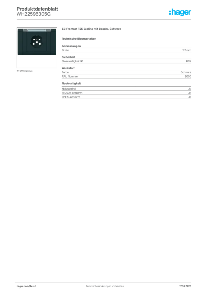 Bild Hager Produktdatenblatt WH22596305G | Hager Schweiz