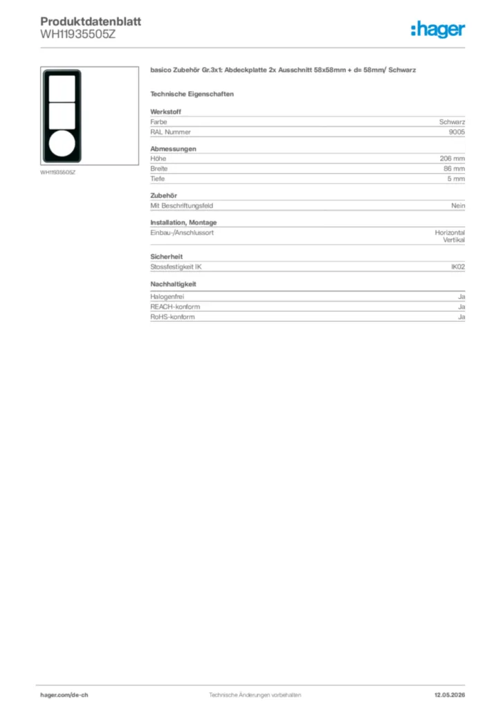 Bild Hager Produktdatenblatt WH11935505Z | Hager Schweiz