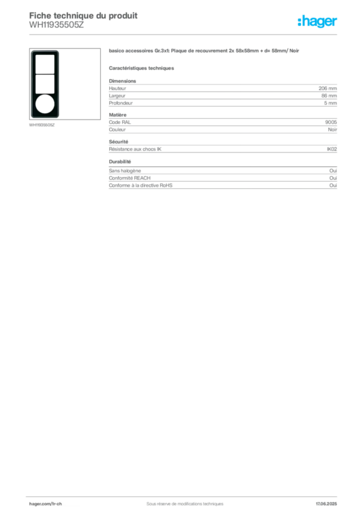 Image Hager Fiche technique du produit WH11935505Z | Hager Suisse