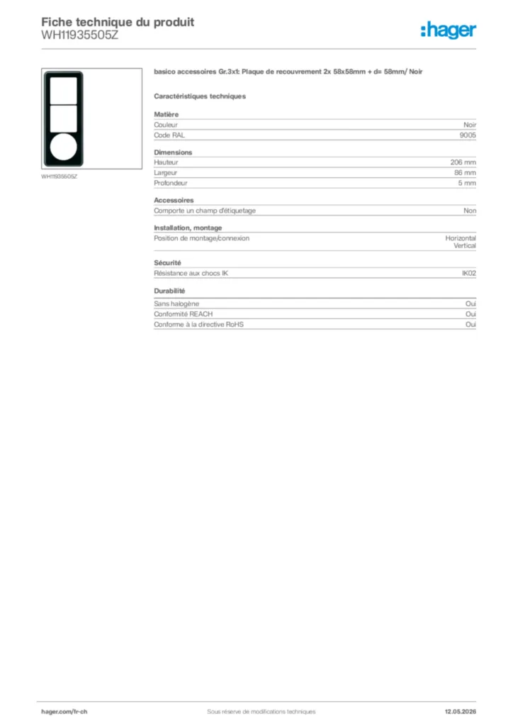 Image Hager Fiche technique du produit WH11935505Z | Hager Suisse