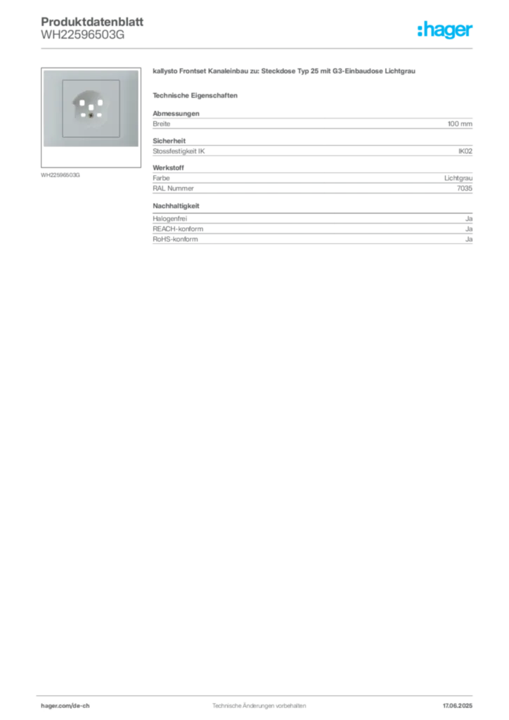 Bild Hager Produktdatenblatt WH22596503G | Hager Schweiz