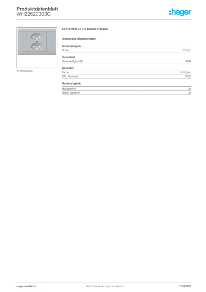 Bild Hager Produktdatenblatt WH22620303G | Hager Schweiz